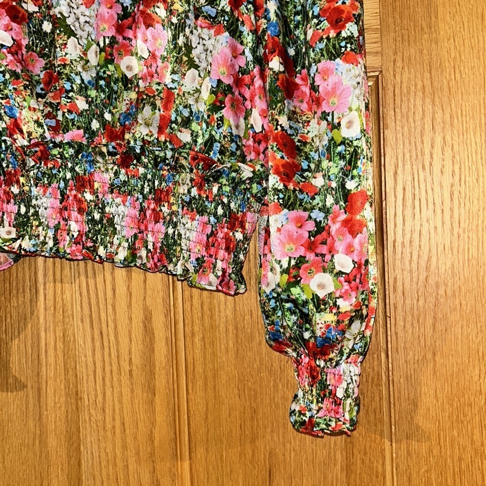 Zara Floral Smocked High-Neck Blouse in Red, Pink, Green - Picture 3 of 7